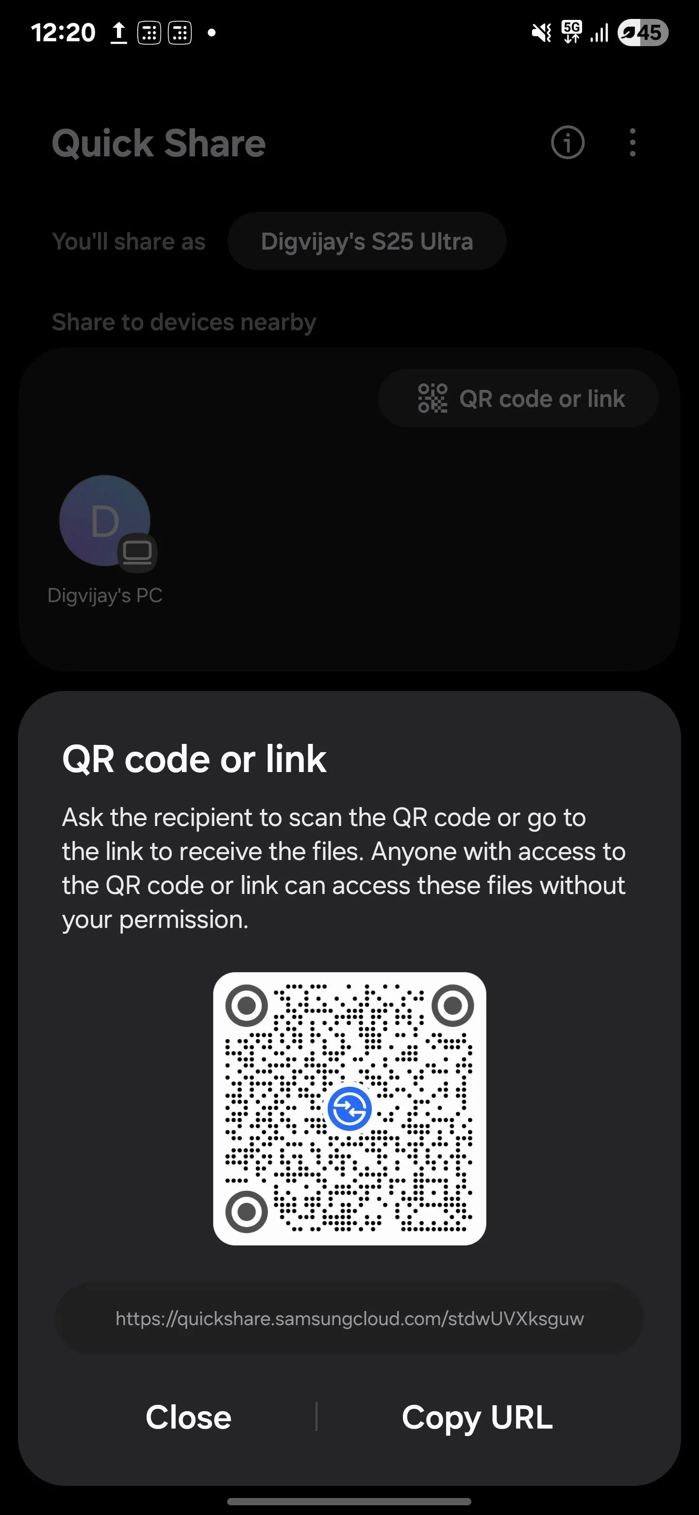Tùy chọn tạo liên kết hoặc mã QR để chia sẻ file qua Quick Share