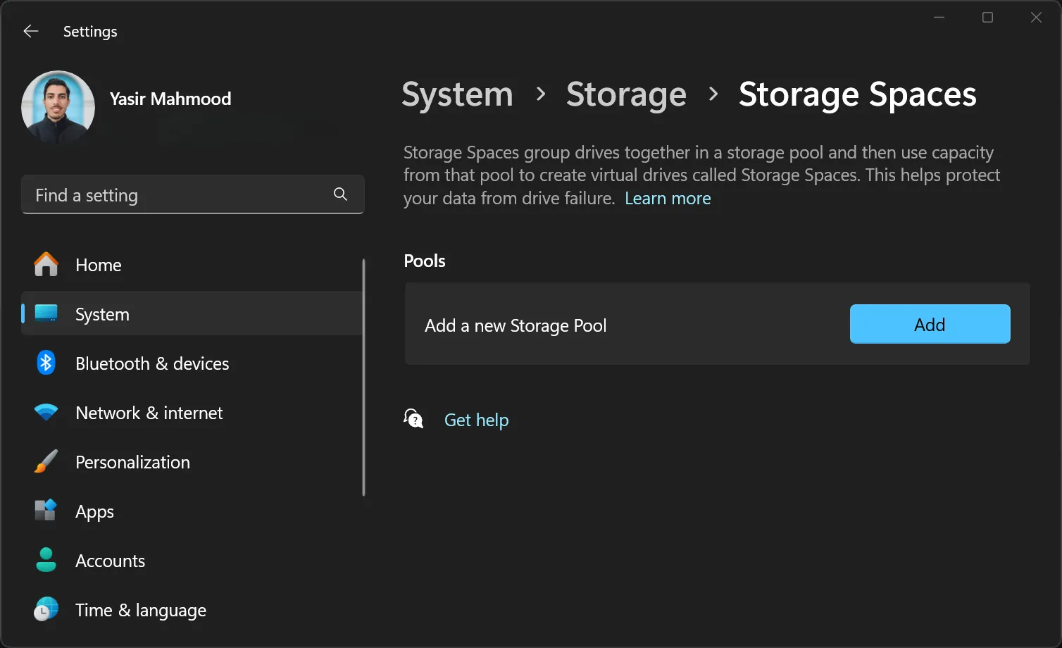 Tùy chọn tạo nhóm lưu trữ mới trong tính năng Storage Spaces của Windows, giúp quản lý và bảo vệ dữ liệu trên nhiều ổ đĩa