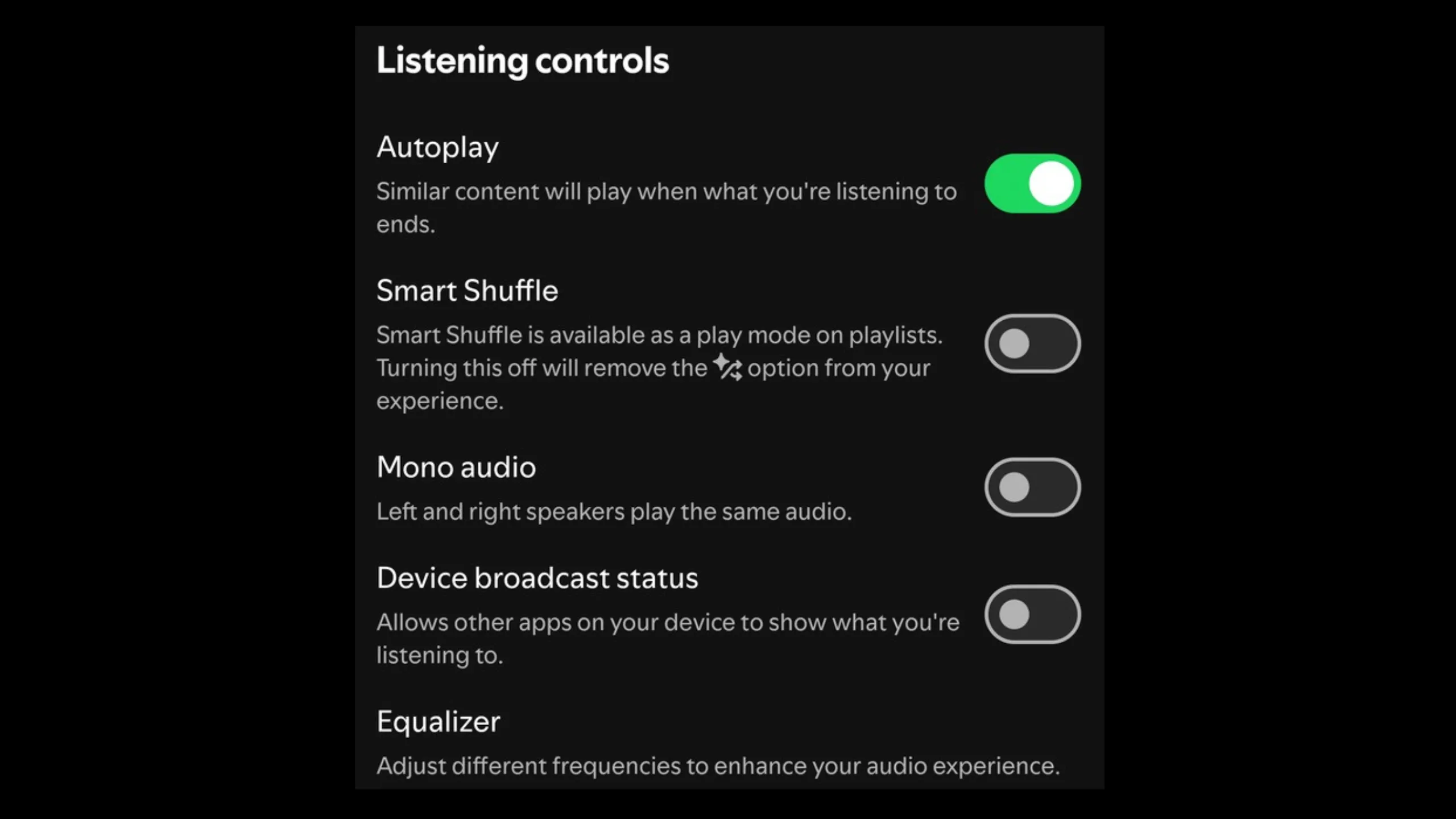 Tùy chọn tắt bật chế độ Smart Shuffle nằm trong mục Kiểm soát nghe nhạc của Spotify