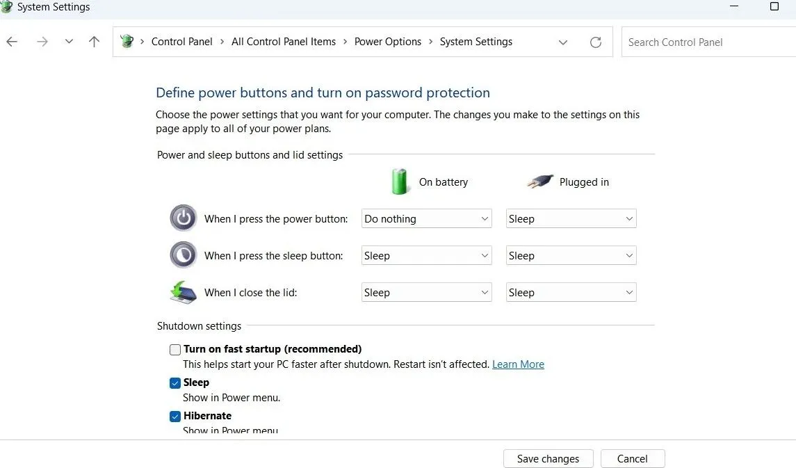 Tùy chọn tắt khởi động nhanh (Fast Startup) trong cài đặt nguồn trên Windows