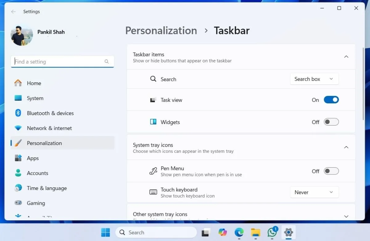 Tùy chọn thanh tác vụ hạn chế trong ứng dụng Cài đặt Windows 11