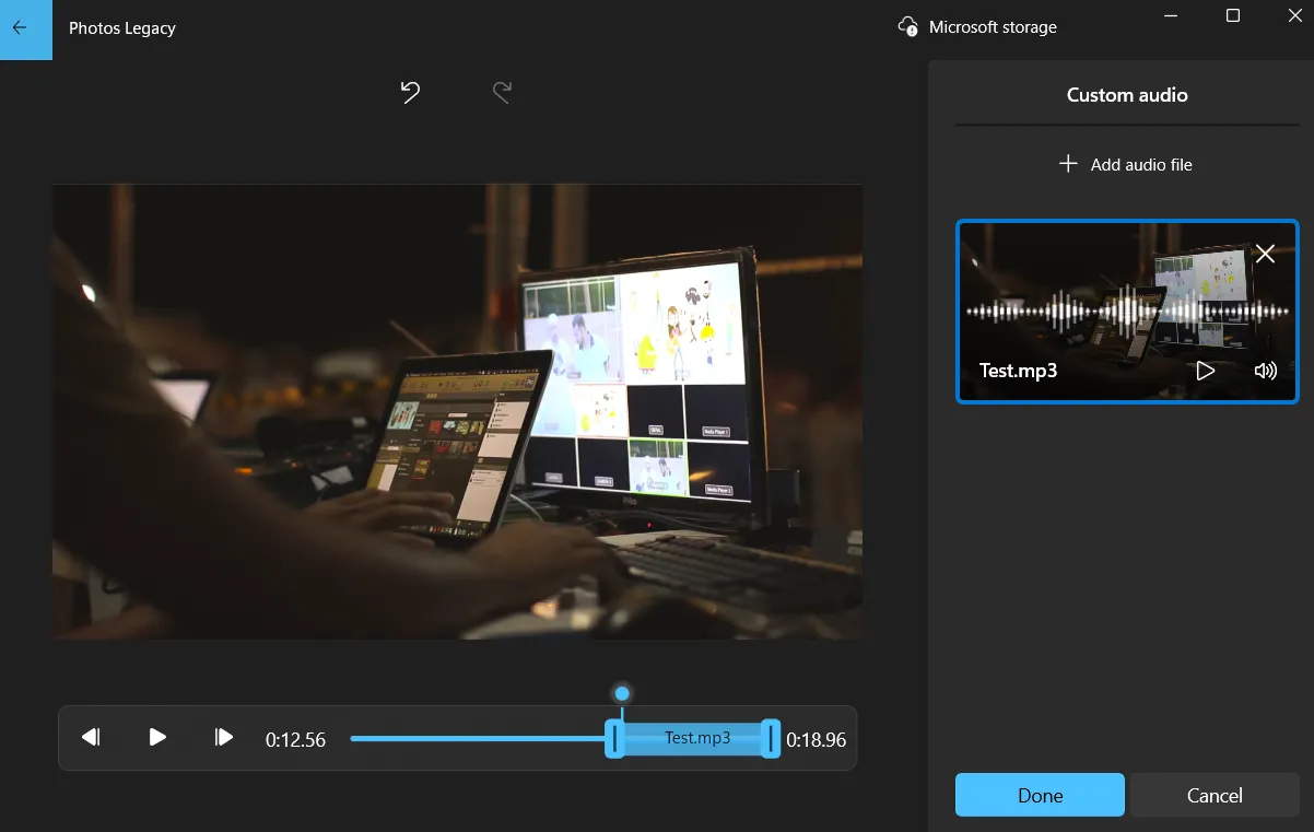 Tùy chọn thêm âm thanh tùy chỉnh từ máy tính vào video trong Photos Legacy