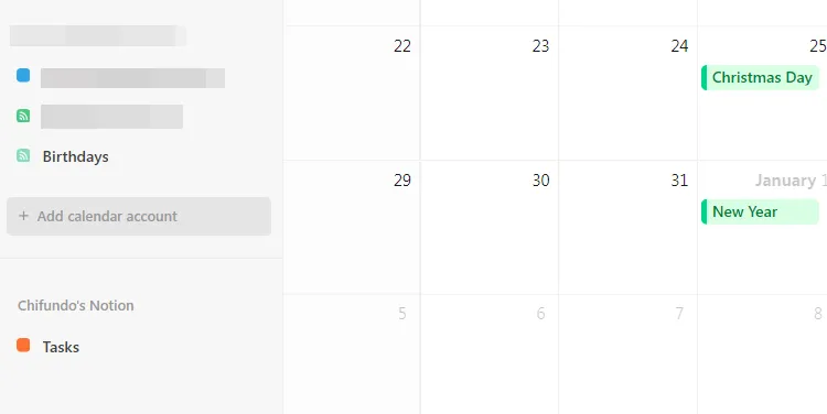 Tùy chọn thêm tài khoản lịch trong Notion Calendar
