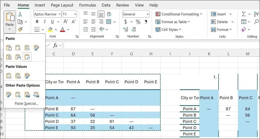 Tùy chọn Transpose trong Excel giúp chuyển đổi hàng thành cột và ngược lại.