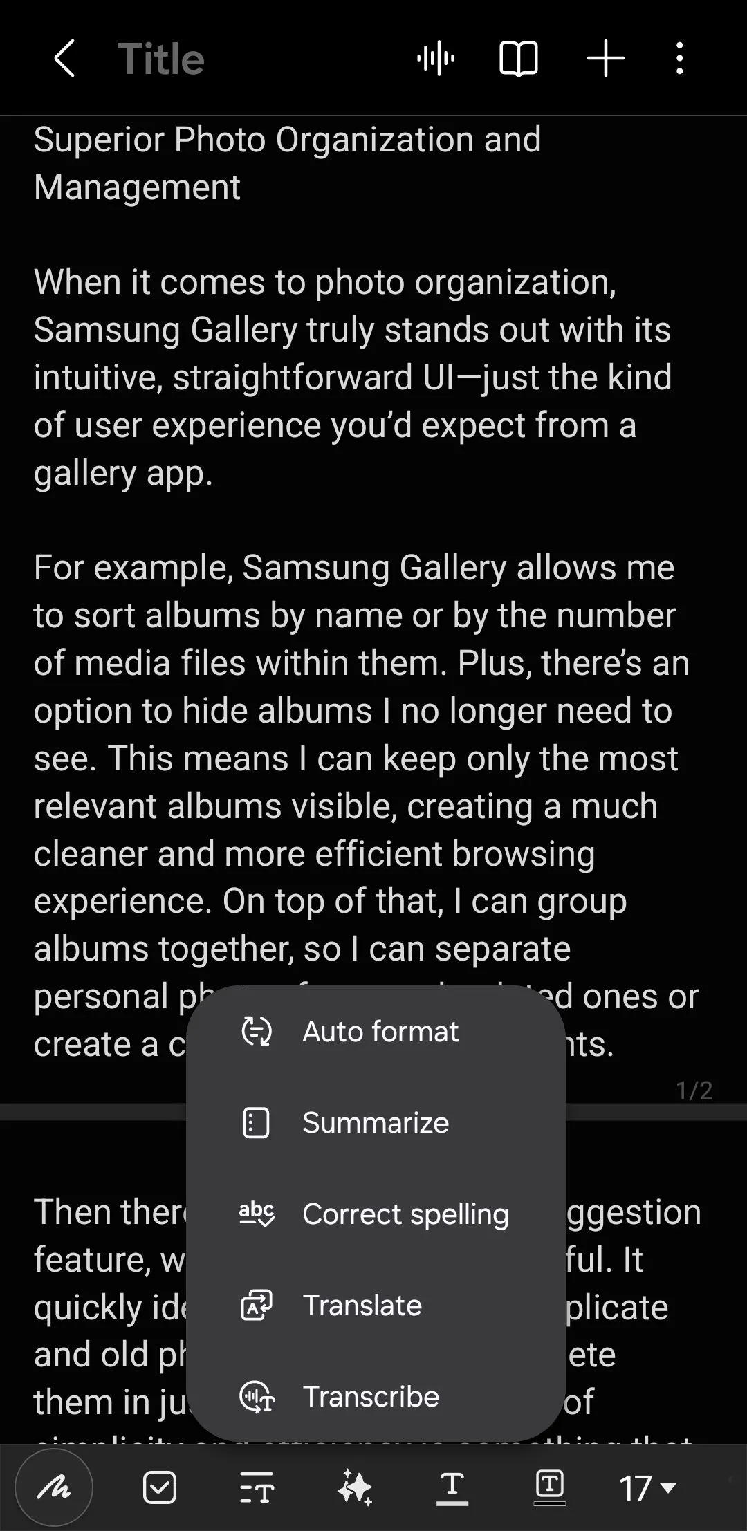 Tùy chọn tự động định dạng ghi chú trong ứng dụng Samsung Notes