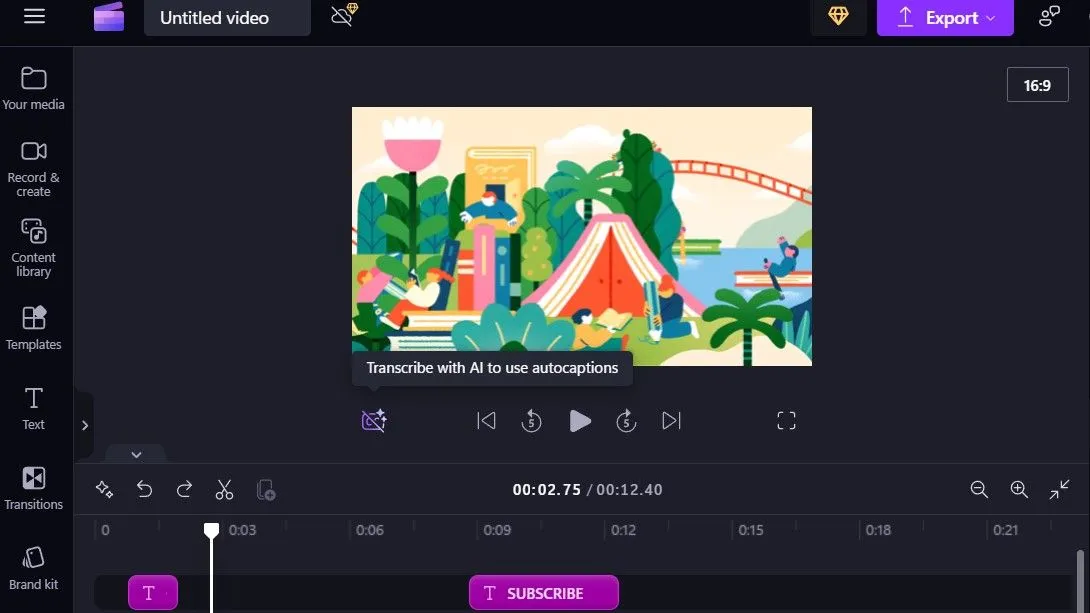 Tùy chọn tự động tạo phụ đề (captions) trong Clipchamp, nâng cao khả năng tiếp cận và tương tác cho nội dung video.