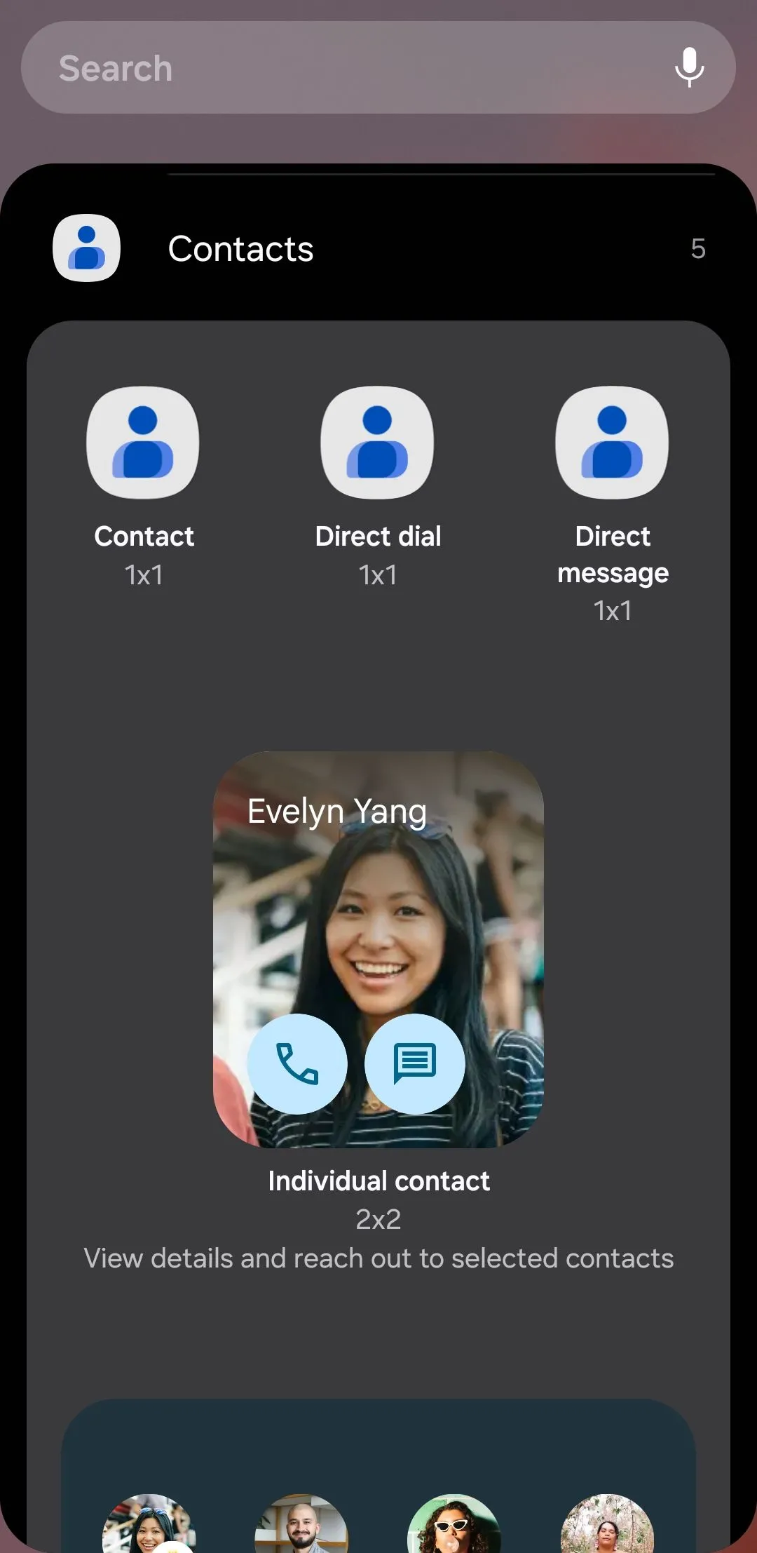 Tùy chọn widget của ứng dụng Google Danh bạ trên điện thoại Android, cho phép gọi nhanh và hiển thị danh bạ yêu thích trên màn hình chính.