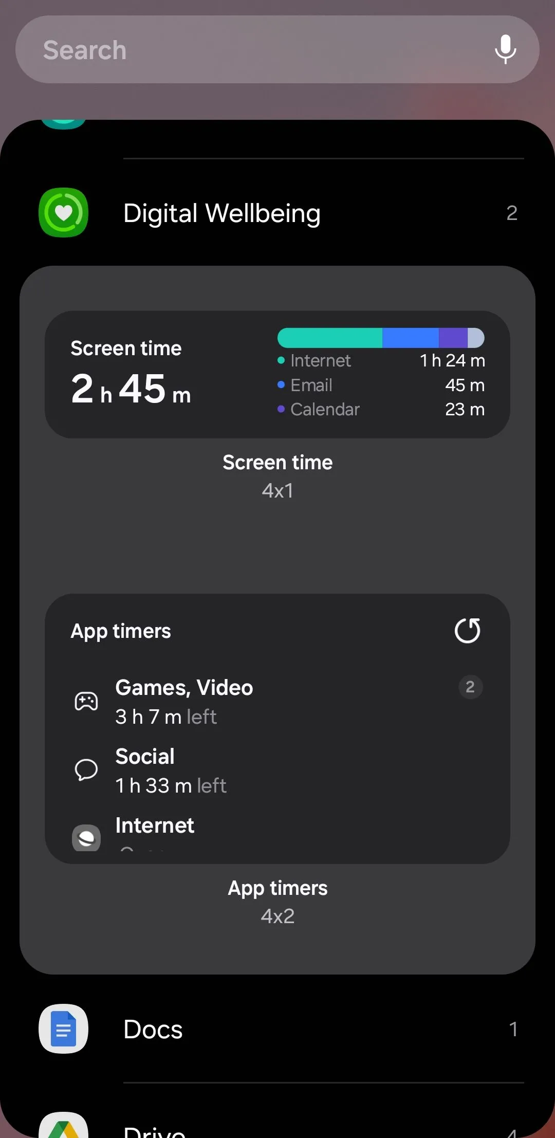 Tùy chọn widget Digital Wellbeing (Sức khỏe số) trên Android, hiển thị thời gian sử dụng màn hình và các ứng dụng hàng đầu.