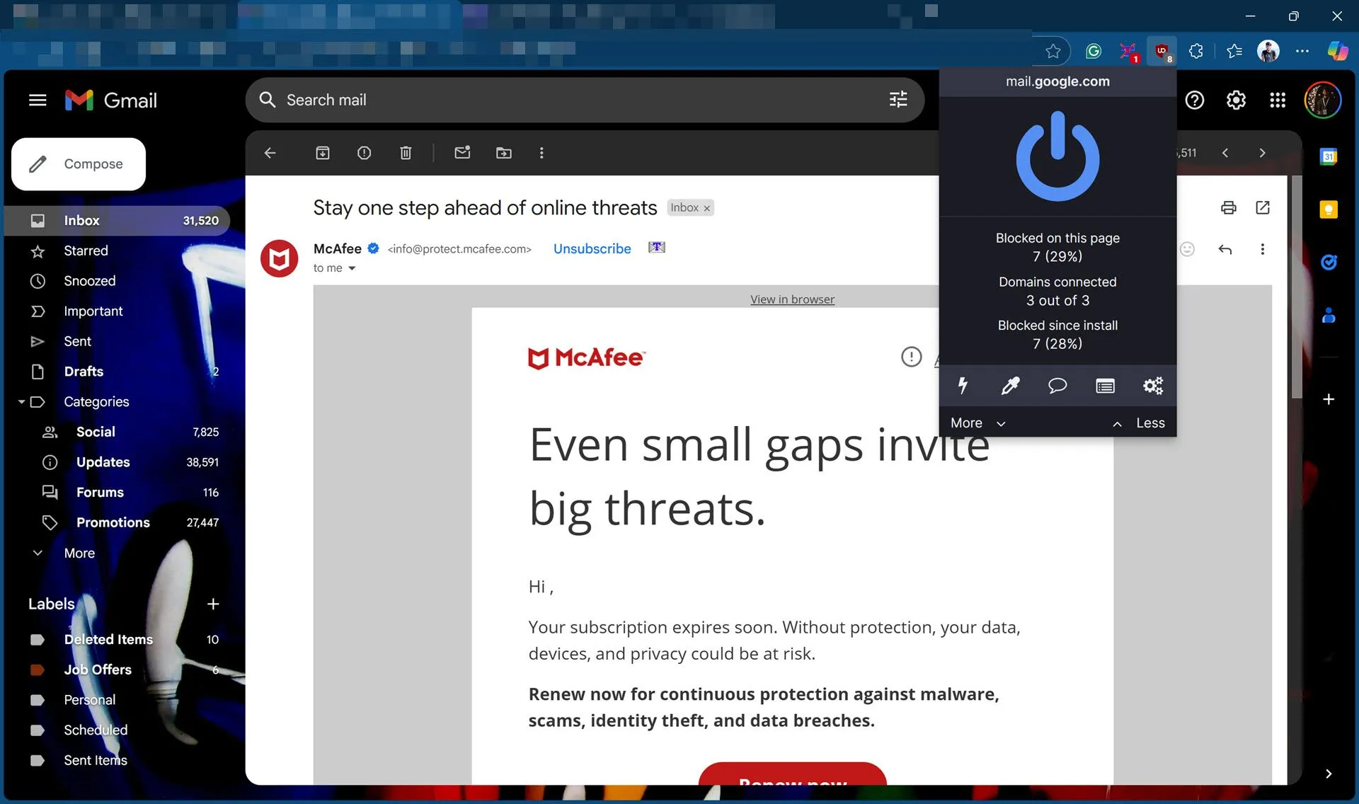 uBlock Origin đang chặn các yếu tố theo dõi trong giao diện email