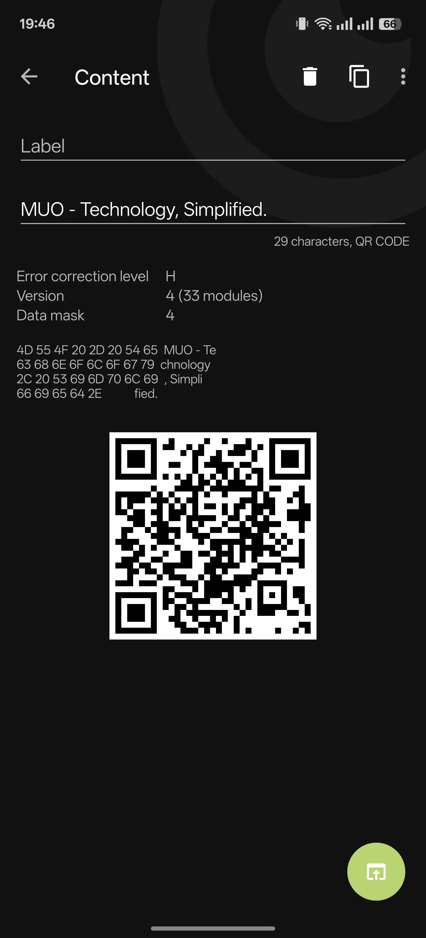 Ứng dụng BinaryEye hiển thị nội dung của mã QR vừa được quét trên thiết bị Android.