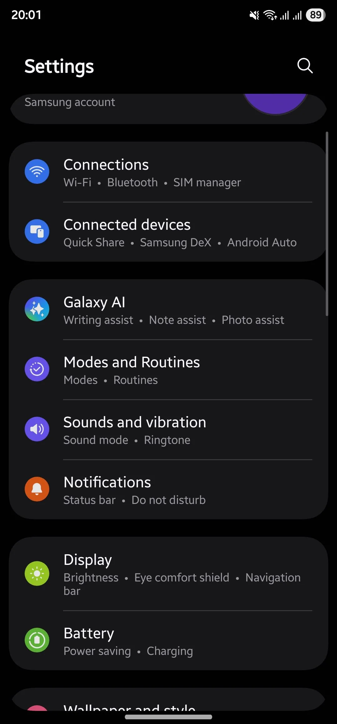 Ứng dụng Cài đặt trên điện thoại Samsung