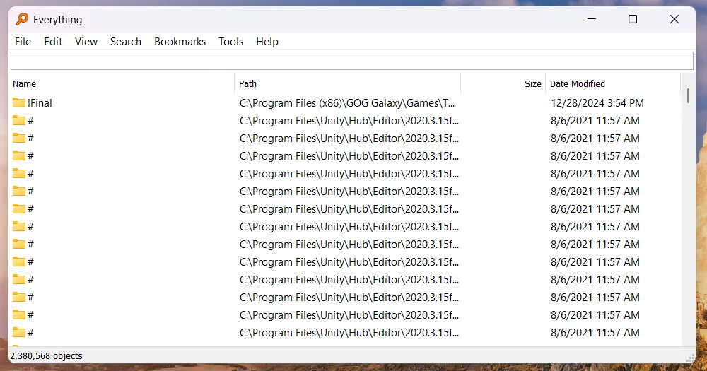 Ứng dụng Everything hiển thị danh sách kết quả tìm kiếm file và thư mục cực nhanh trên Windows