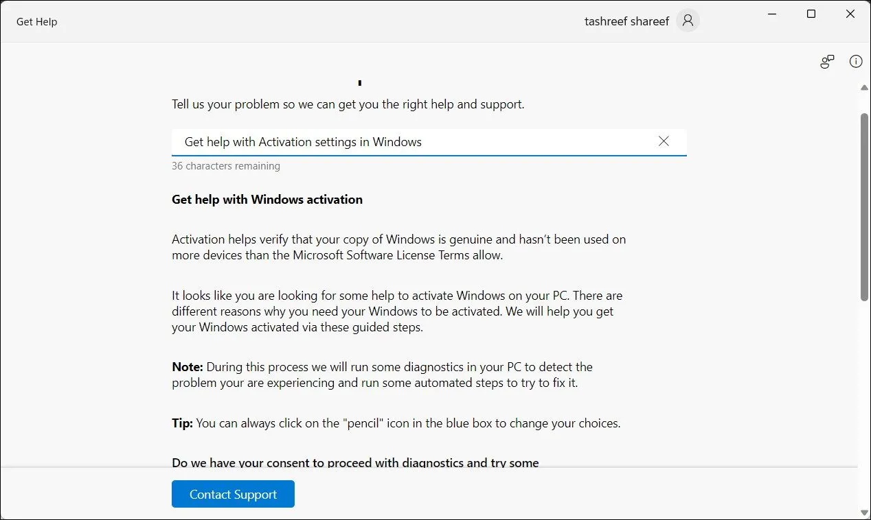 Ứng dụng Get Help trên Windows 11 hiển thị tùy chọn Liên hệ hỗ trợ