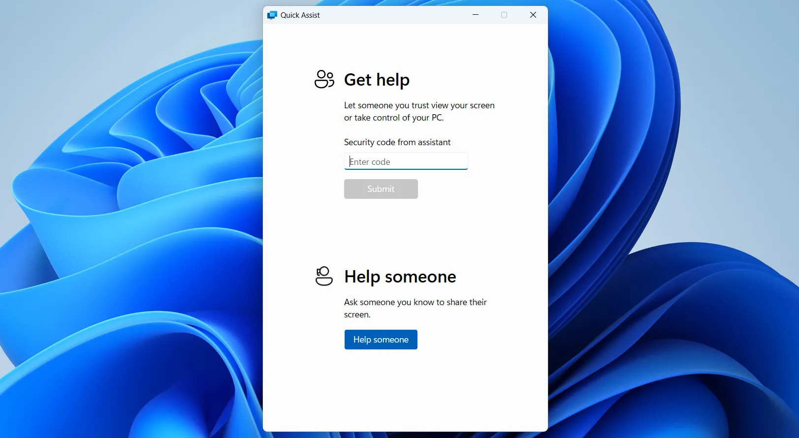 Ứng dụng Hỗ Trợ Nhanh (Quick Assist) trên Windows 11, hiển thị tùy chọn 'Nhận trợ giúp' và 'Hỗ trợ ai đó'.