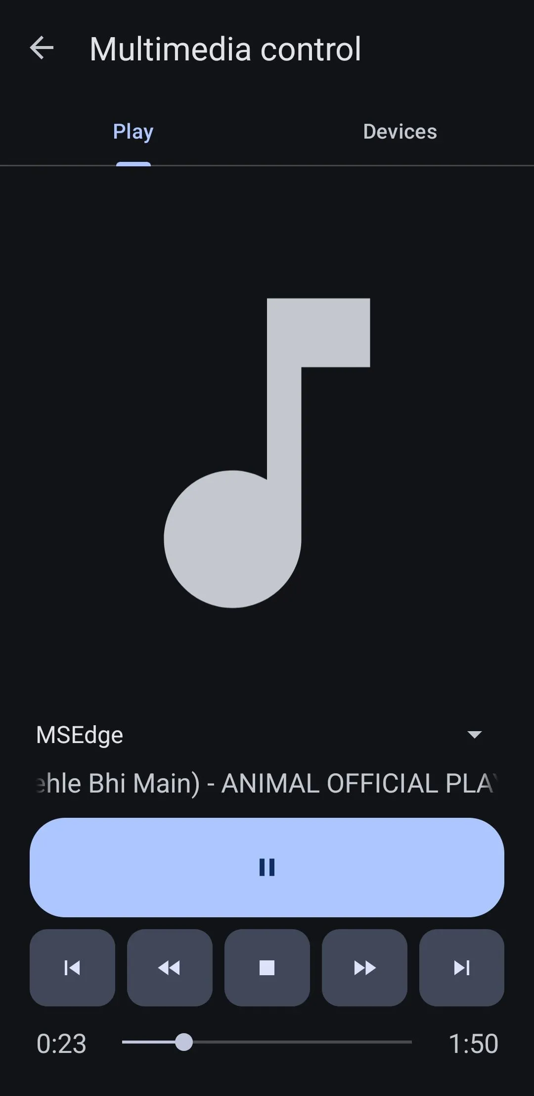 Ứng dụng KDE Connect trên điện thoại Android hiển thị giao diện điều khiển trình phát nhạc