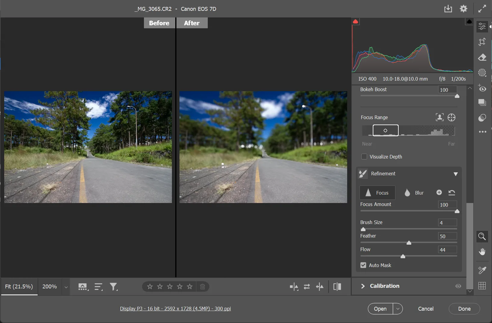 Ứng dụng Lens Blur để tăng cường chiều sâu và tạo điểm nhấn cho ảnh phong cảnh, với con đường làm đường dẫn thị giác.