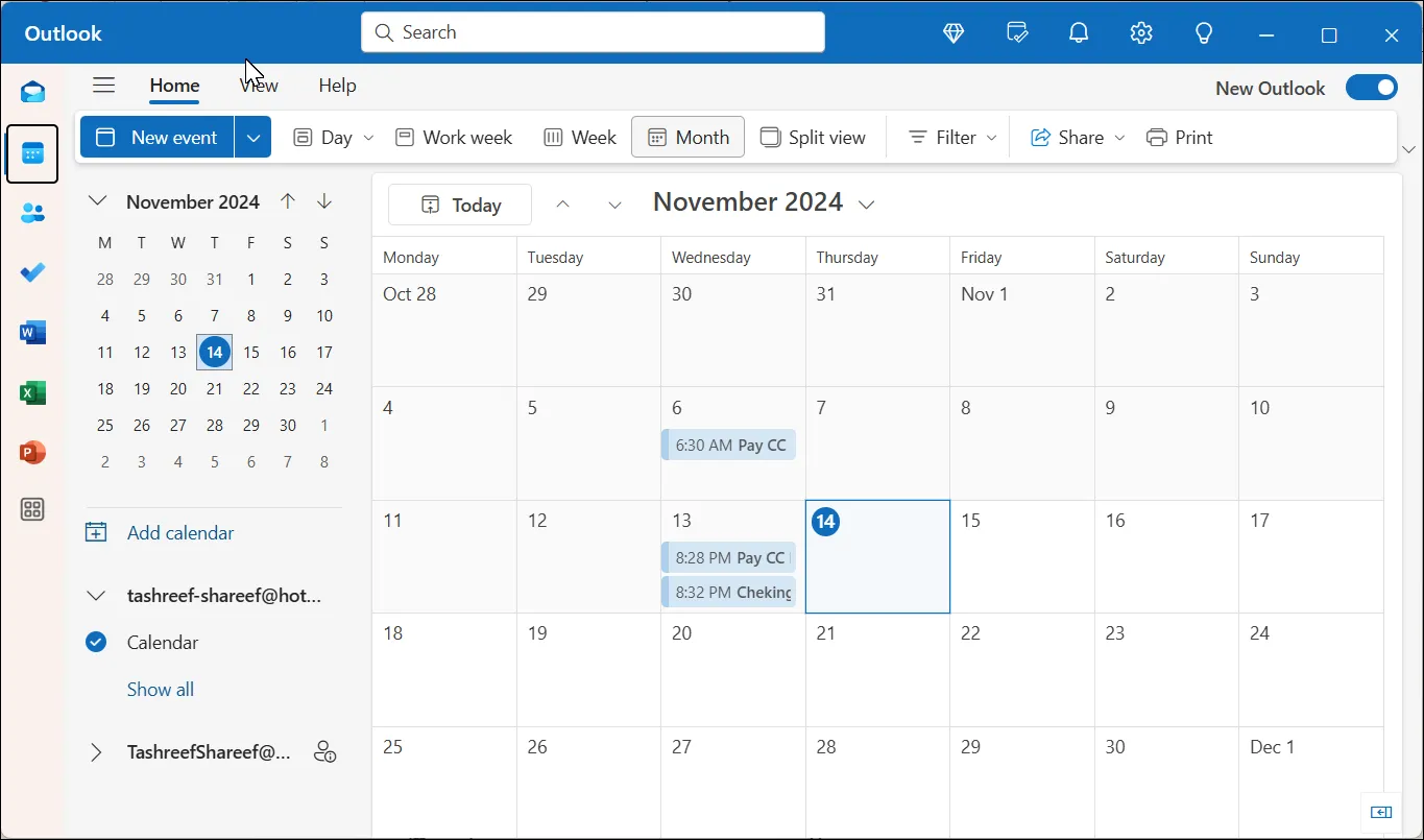 Ứng dụng Lịch trong Microsoft Outlook trên Windows 11 hiển thị các cuộc hẹn và lời nhắc được tích hợp.