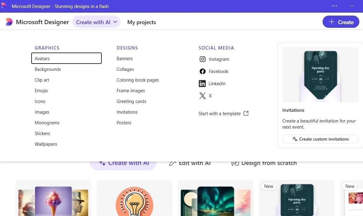 Ứng dụng Microsoft Designer với tùy chọn 'Tạo bằng AI' để thiết kế đồ họa tự động