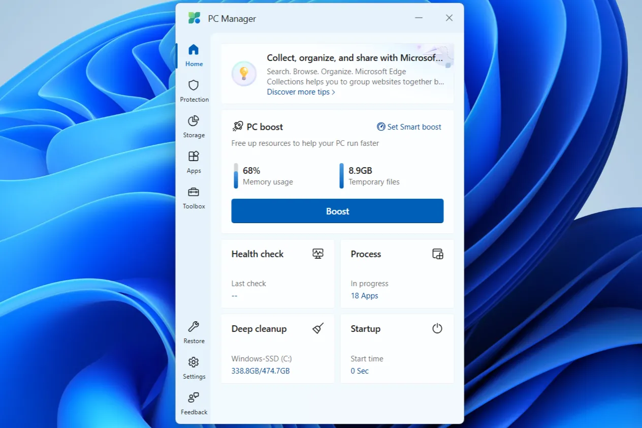 Ứng dụng Microsoft PC Manager hiển thị tính năng PC Boost để tối ưu hiệu suất máy tính