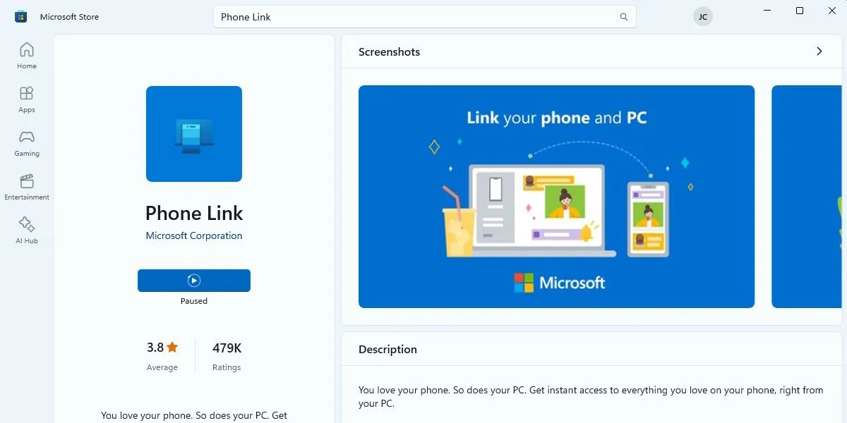 Ứng dụng Microsoft Phone Link trên Microsoft Store, giúp đồng bộ điện thoại Android và iOS với máy tính Windows.