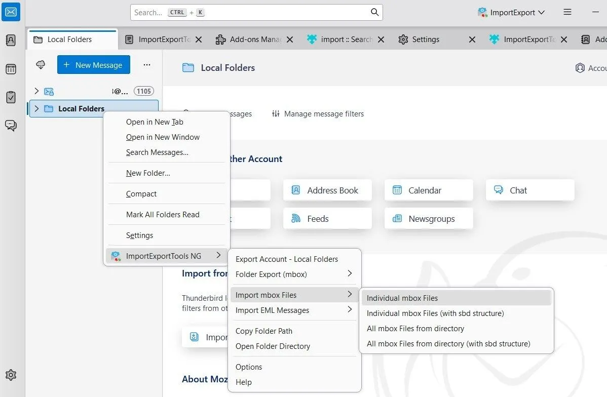 Ứng dụng Mozilla Thunderbird hiển thị tùy chọn nhập tệp MBOX thông qua tiện ích ImportExportTools NG.
