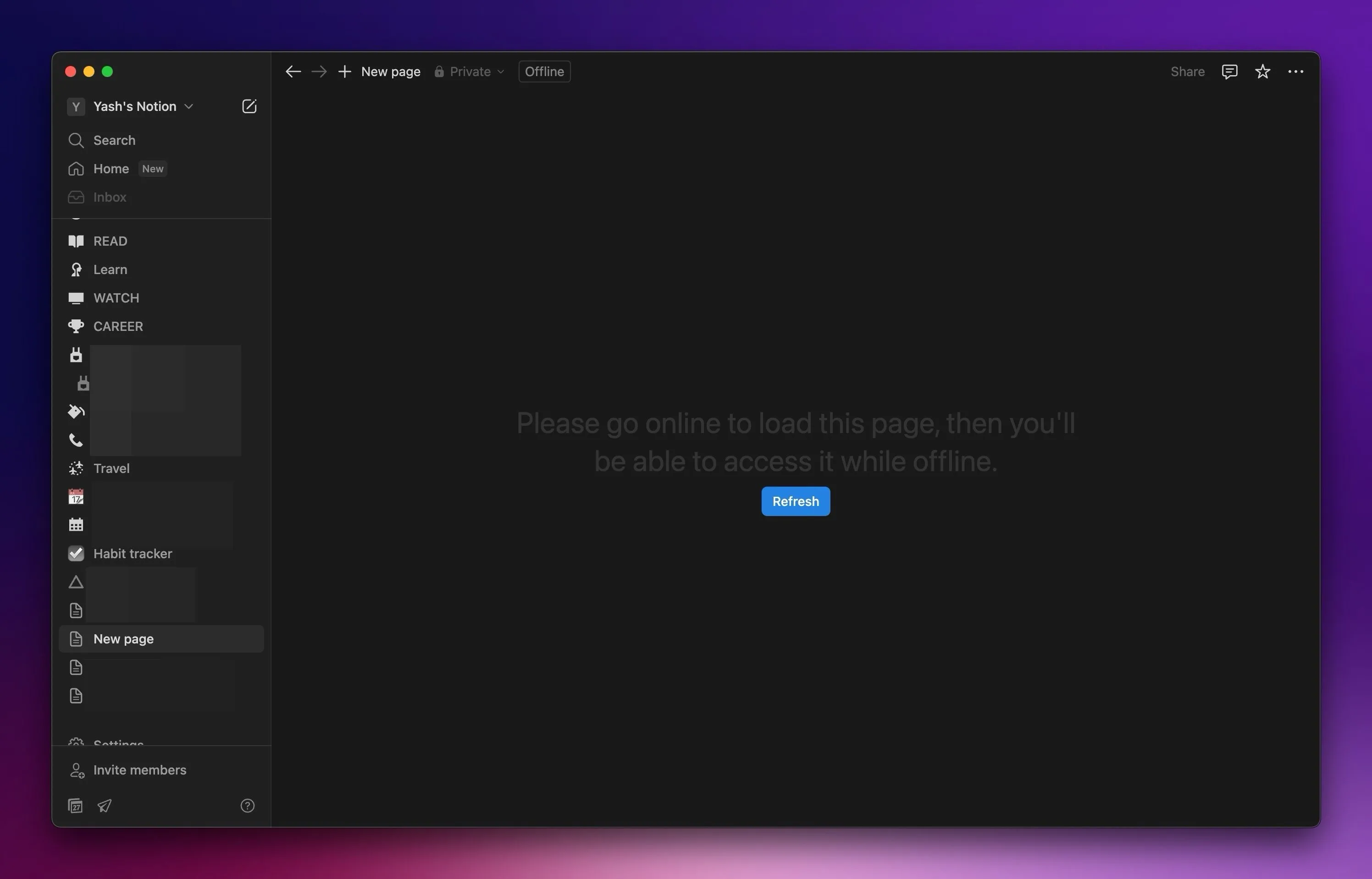 Ứng dụng Notion trên máy Mac hiển thị thông báo không có kết nối internet, minh họa nhược điểm truy cập ngoại tuyến.