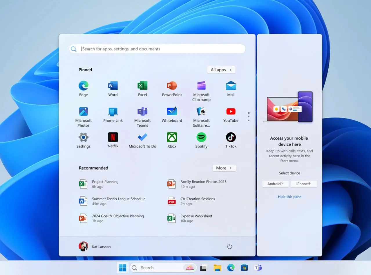 Ứng dụng Phone Link tích hợp trong menu Start của Windows, cho phép truy cập nhanh các tính năng đồng bộ.