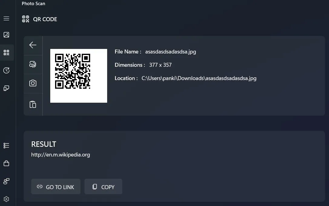 Ứng dụng Photo Scan trên Windows hiển thị kết quả sau khi quét mã QR từ hình ảnh
