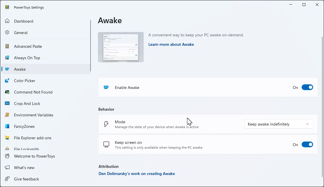 Ứng dụng PowerToys trên Windows 11, hiển thị tab 'Awake' để điều khiển chế độ ngủ.
