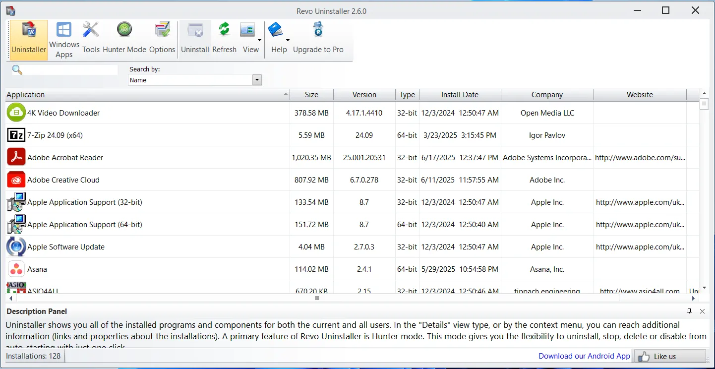 Ứng dụng Revo Uninstaller hiển thị danh sách các chương trình đã cài đặt trên Windows