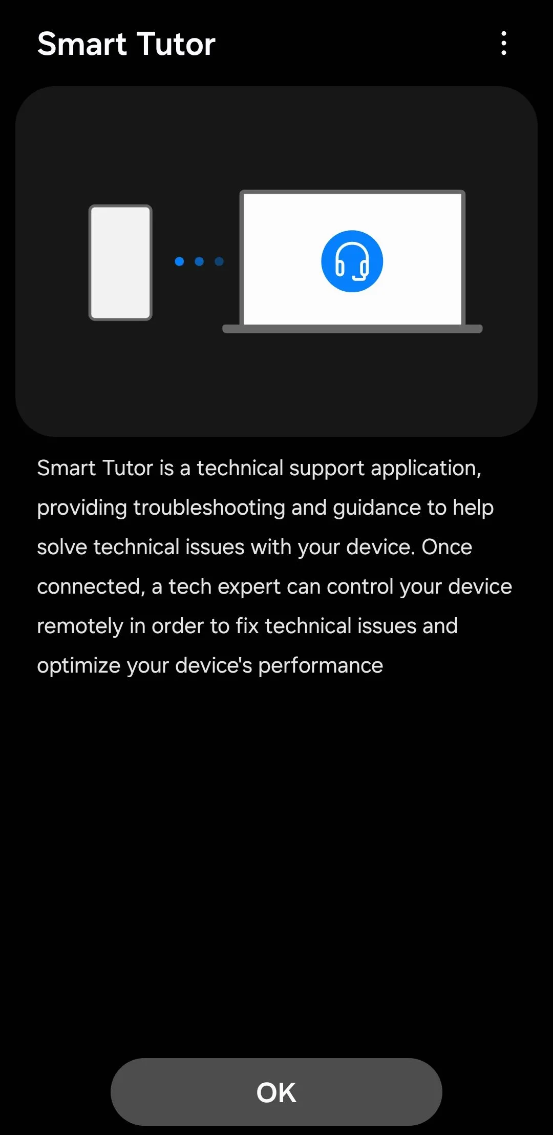 Ứng dụng Smart Tutor trên điện thoại Galaxy, hiển thị màn hình chính để yêu cầu hỗ trợ kỹ thuật từ xa.