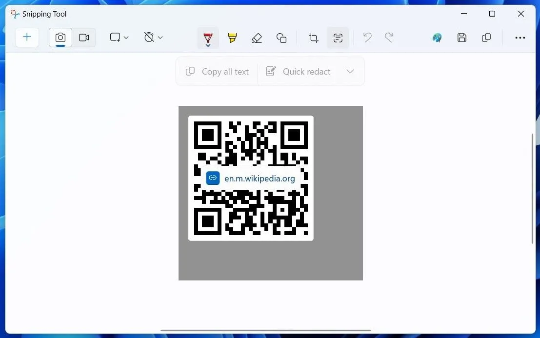 Ứng dụng Snipping Tool (Công cụ Cắt &amp; Ghép) trên Windows 11 đang quét mã QR từ ảnh chụp màn hình
