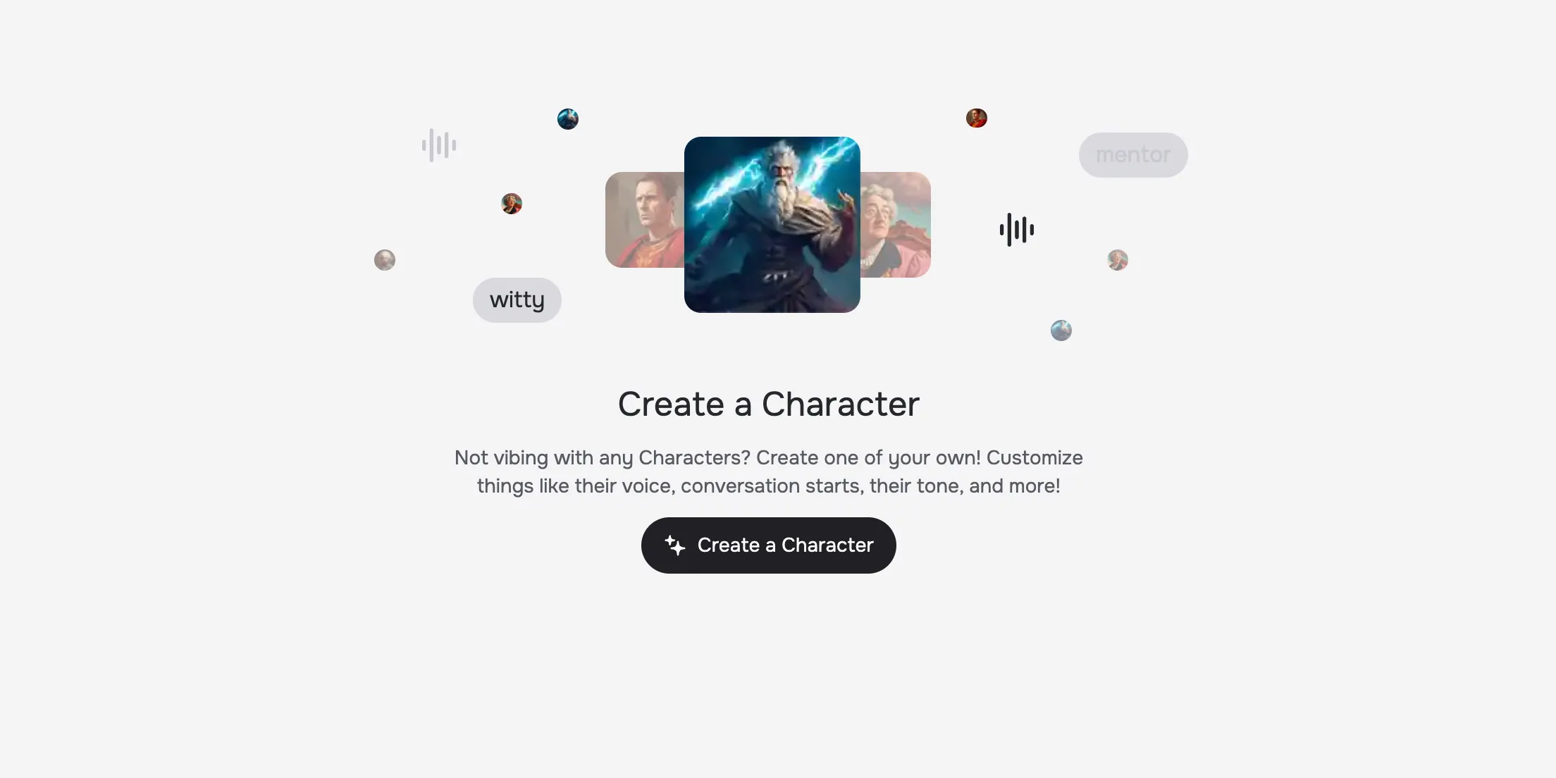 Ứng dụng web Character.AI hiển thị giao diện tạo nhân vật AI mới, cho phép người dùng tự do sáng tạo chatbot riêng.
