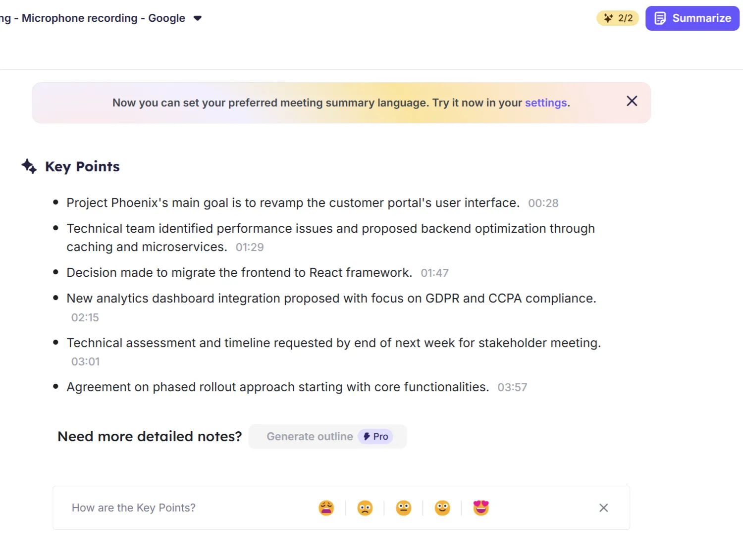 Ứng dụng web Krisp hiển thị bản tóm tắt cuộc họp với các điểm chính