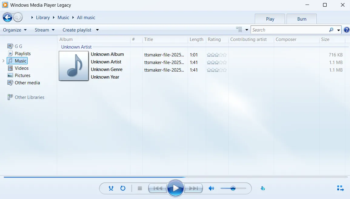Ứng dụng Windows Media Player Legacy trên Windows 11, với giao diện cổ điển quen thuộc để phát nhạc và video.