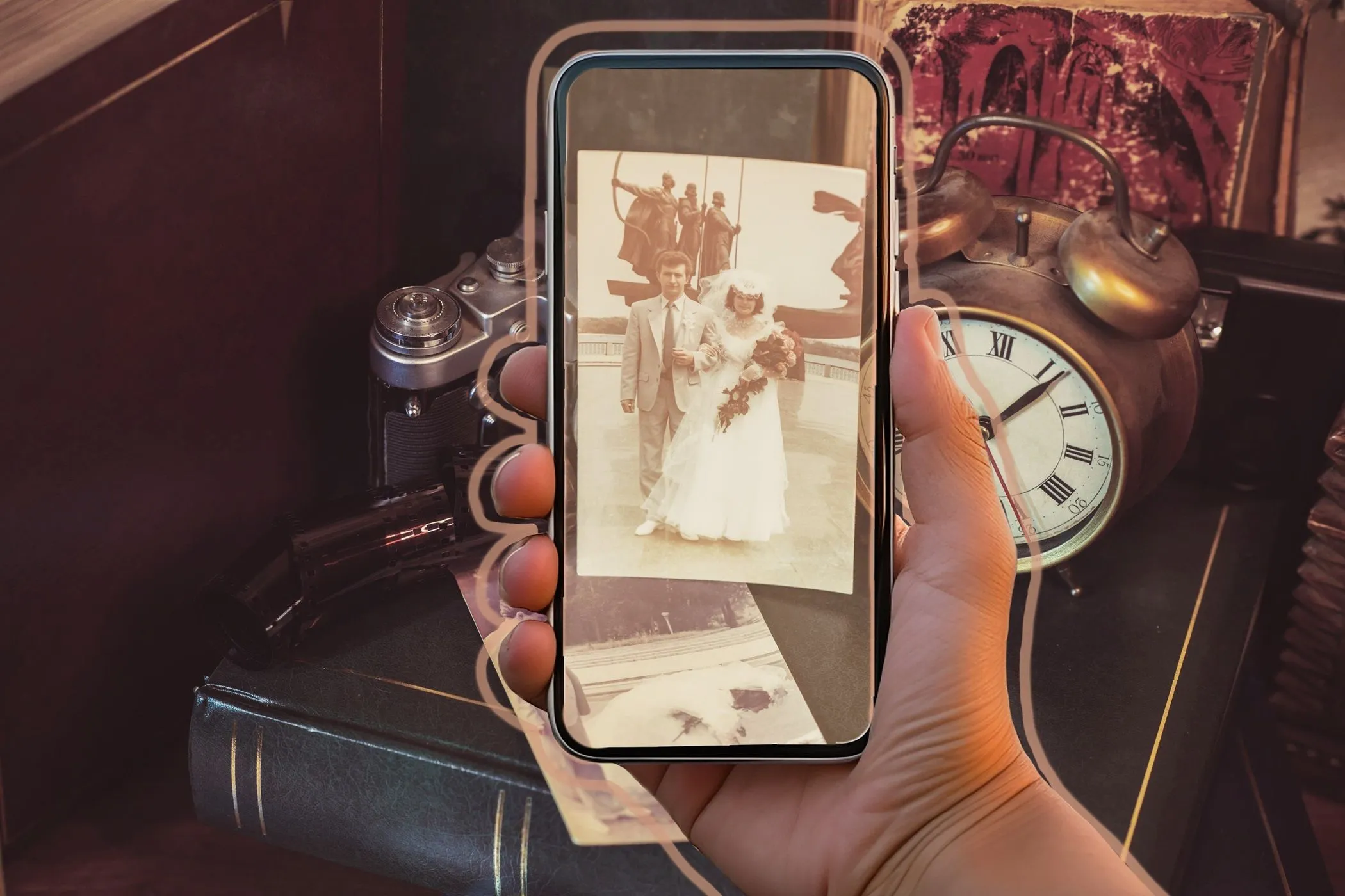 Vật phẩm cổ điển và không gian vintage được chụp qua điện thoại, phản ánh xu hướng hoài cổ