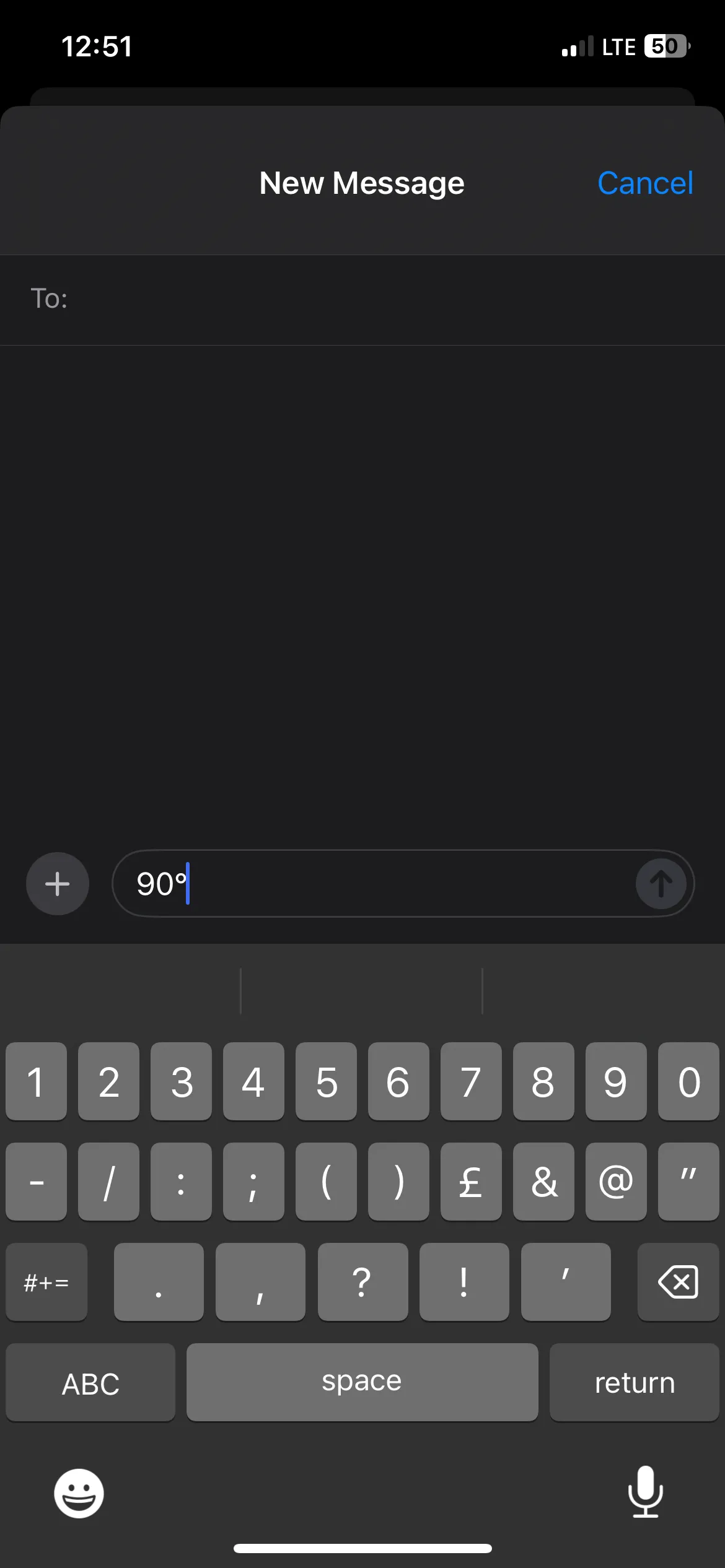 Ví dụ '90°' được gõ thành công trong ứng dụng Tin nhắn trên iPhone.