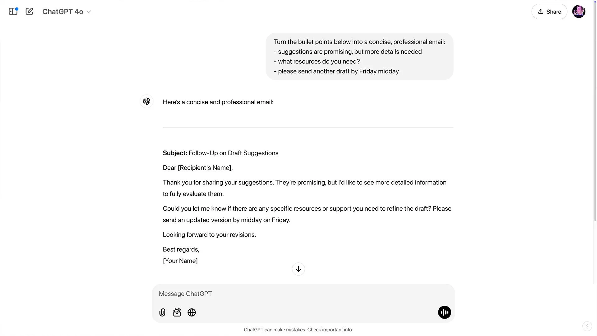 Ví dụ ChatGPT chuyển đổi các gạch đầu dòng thành email hoàn chỉnh, minh họa cách AI hỗ trợ soạn thảo.