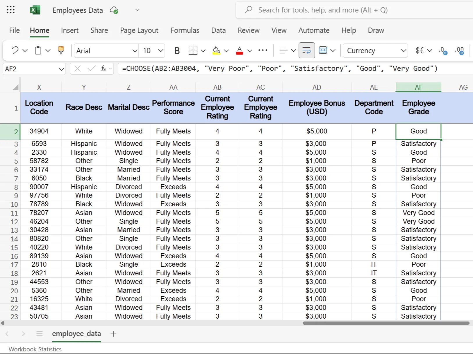 Ví dụ hàm CHOOSE trong Excel chuyển đổi điểm số thành xếp loại nhân viên
