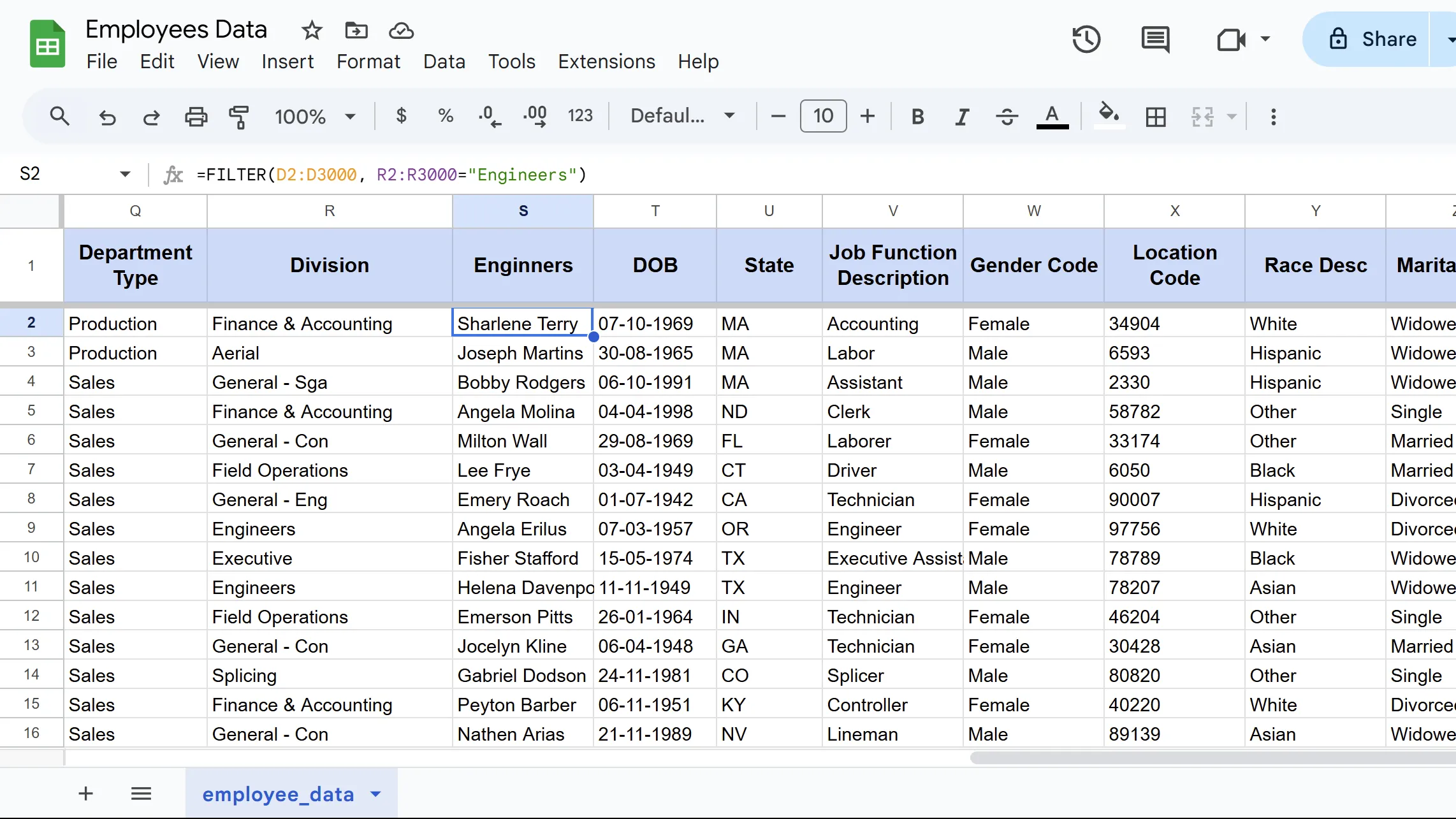 Ví dụ hàm FILTER trong Google Sheets, hiển thị kết quả lọc dữ liệu theo điều kiện