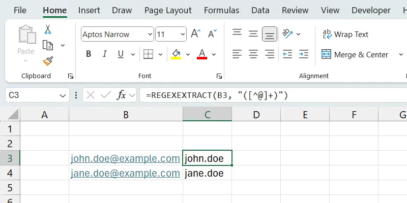 Ví dụ hàm REGEXEXTRACT trong Excel trích xuất tên người dùng từ địa chỉ email.