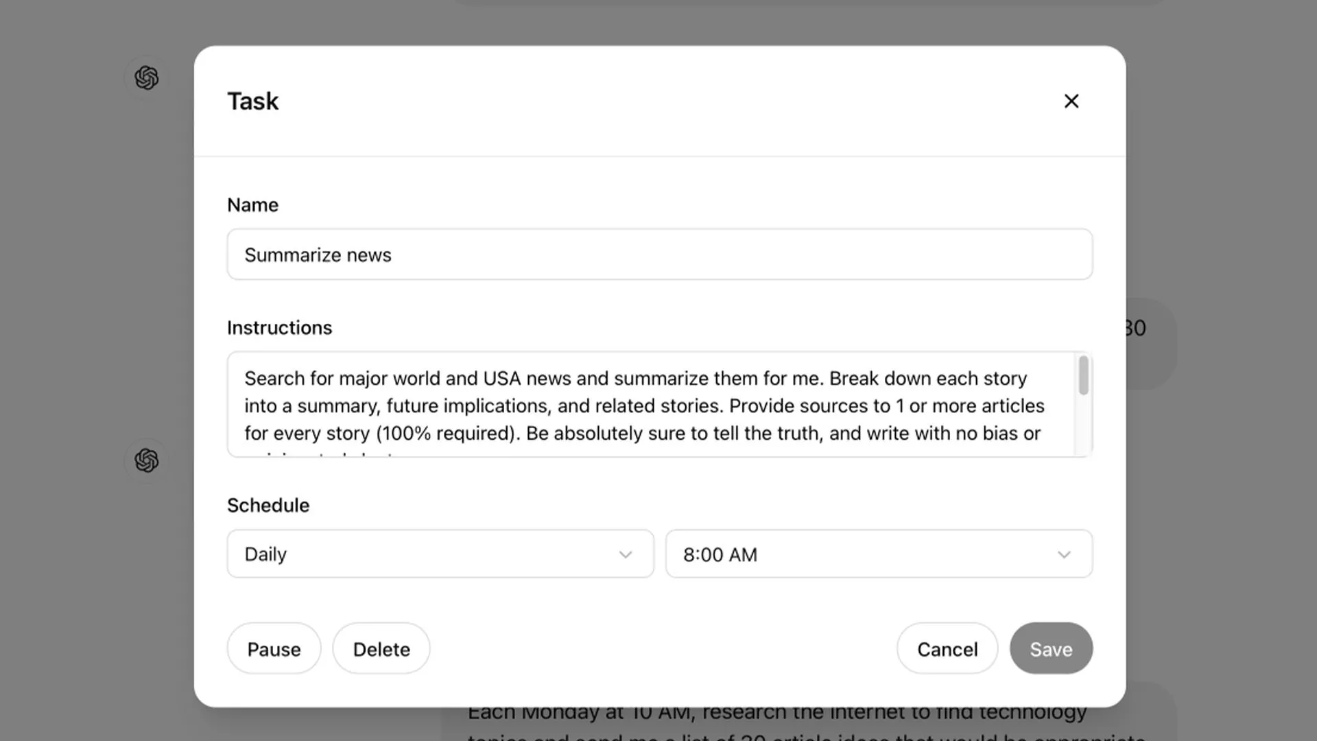 Ví dụ hướng dẫn chi tiết cho tác vụ định kỳ ChatGPT