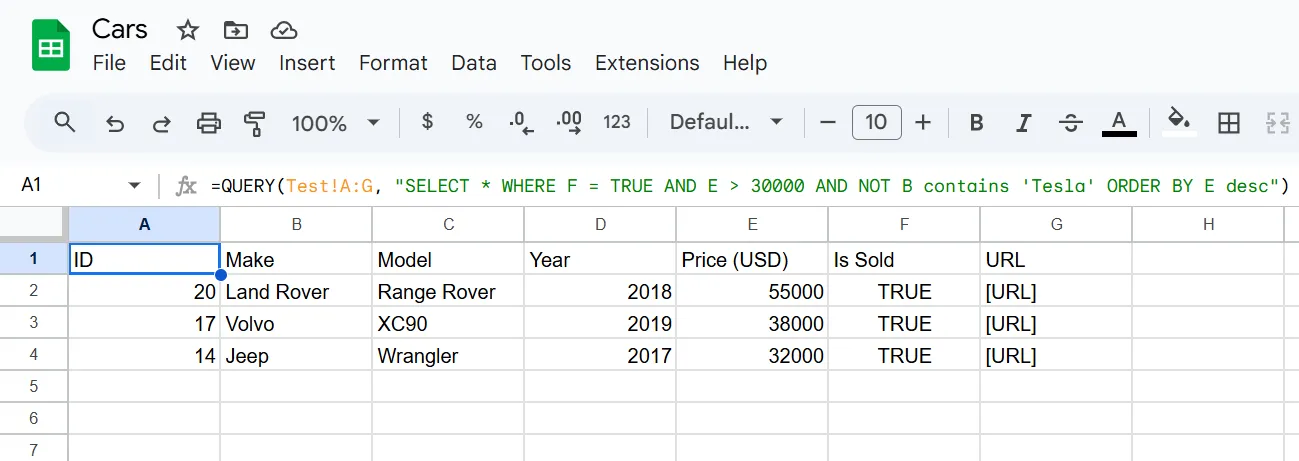 Ví dụ kết hợp nhiều điều kiện lọc và sắp xếp bằng hàm QUERY trên trang tính Google trống