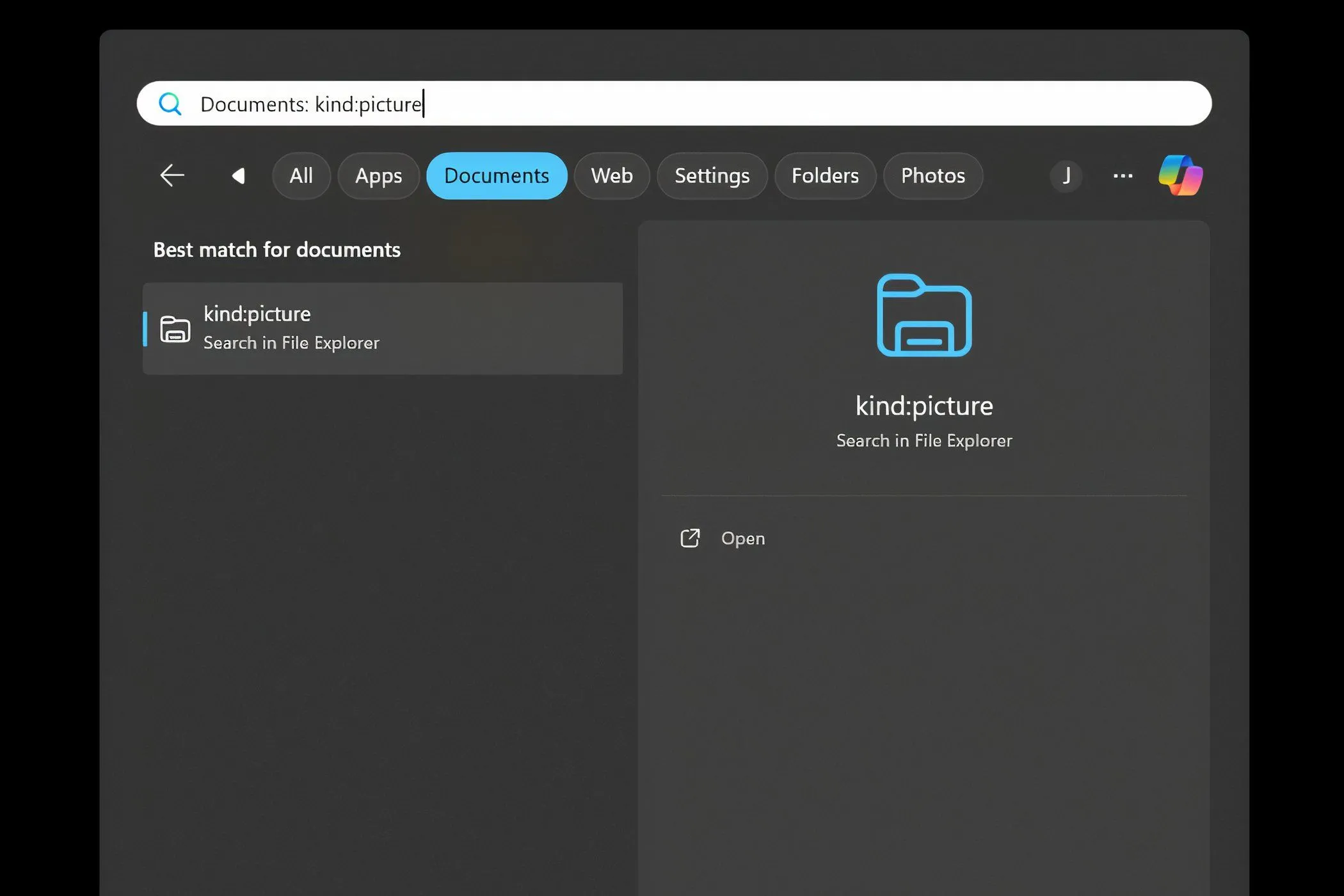 Ví dụ lọc file theo loại hình ảnh (Kind Filter) trong Windows Search