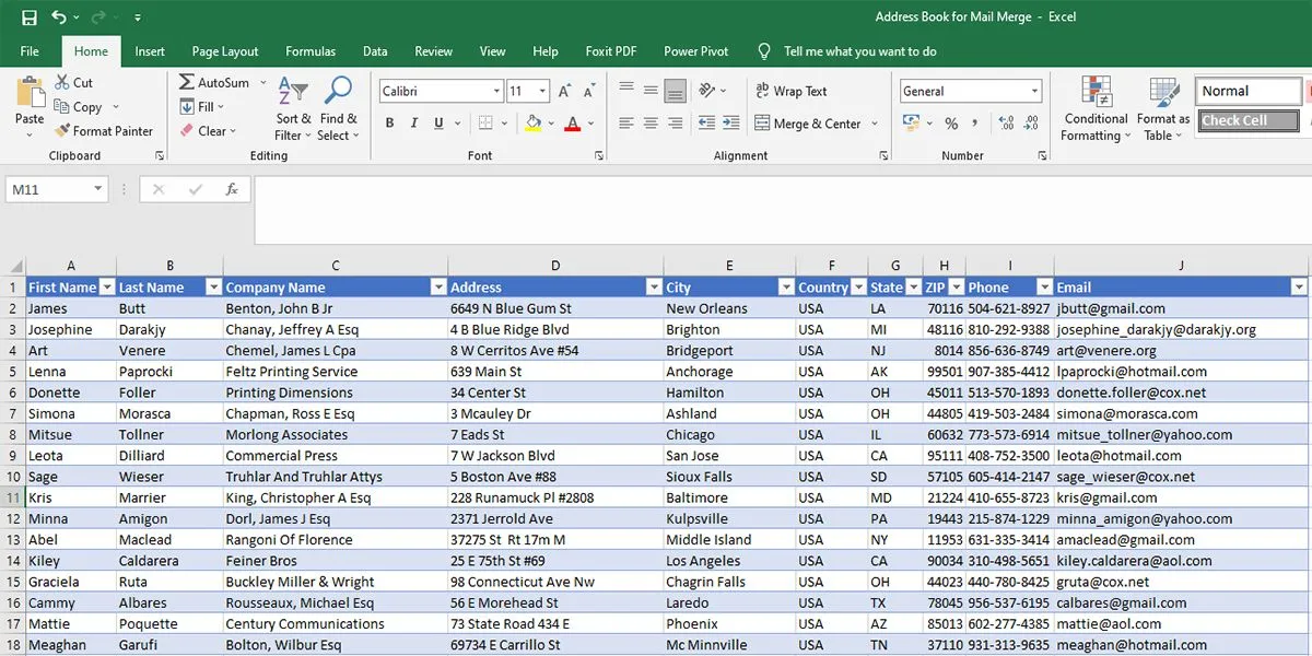Ví dụ nguồn dữ liệu Excel dùng cho tính năng trộn thư (Mail Merge) trong Word