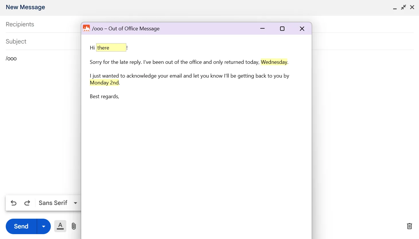 Ví dụ sử dụng Text Blaze để tạo tin nhắn trả lời tự động &quot;Out of Office&quot; trong Gmail với form tùy chỉnh