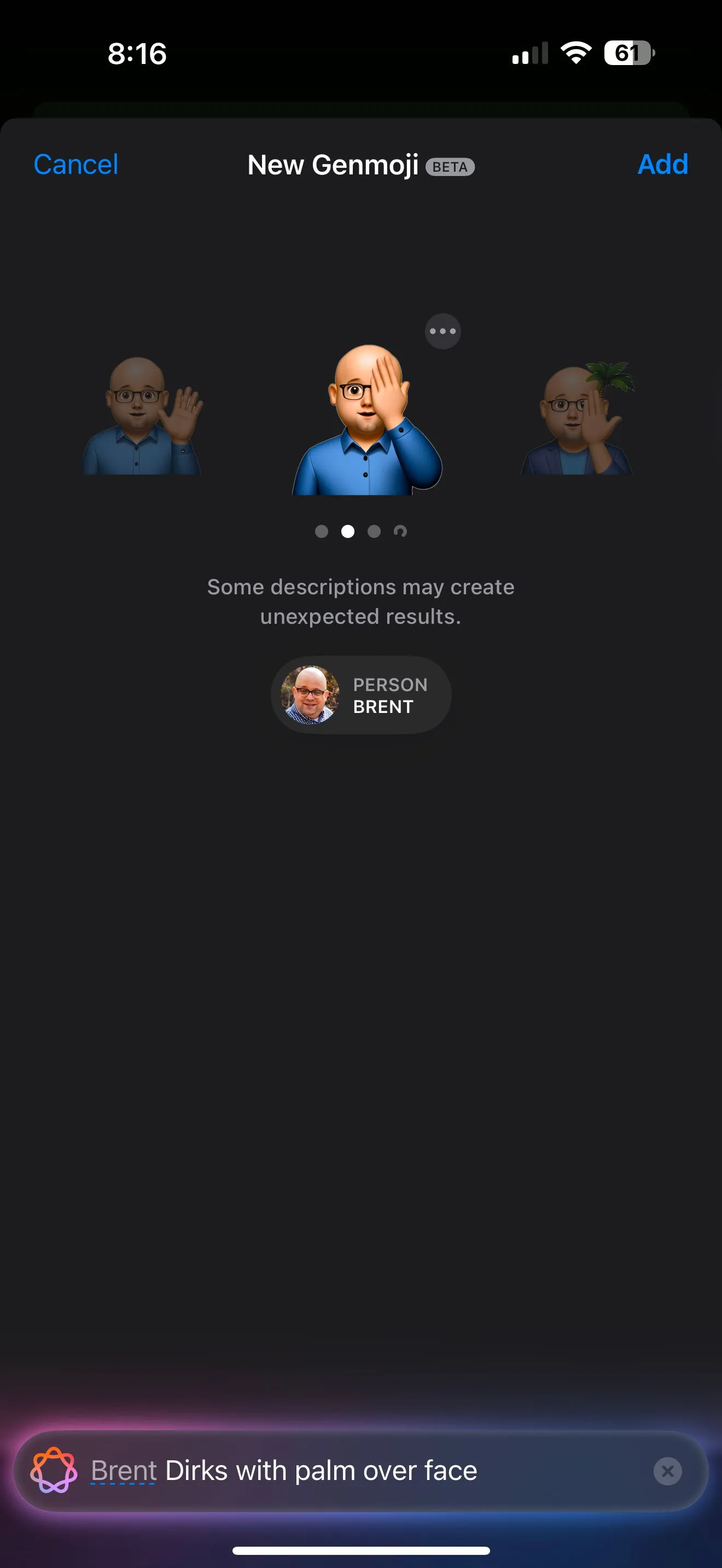 Ví dụ về Genmoji được tạo ra với biểu cảm &quot;facepalm&quot;