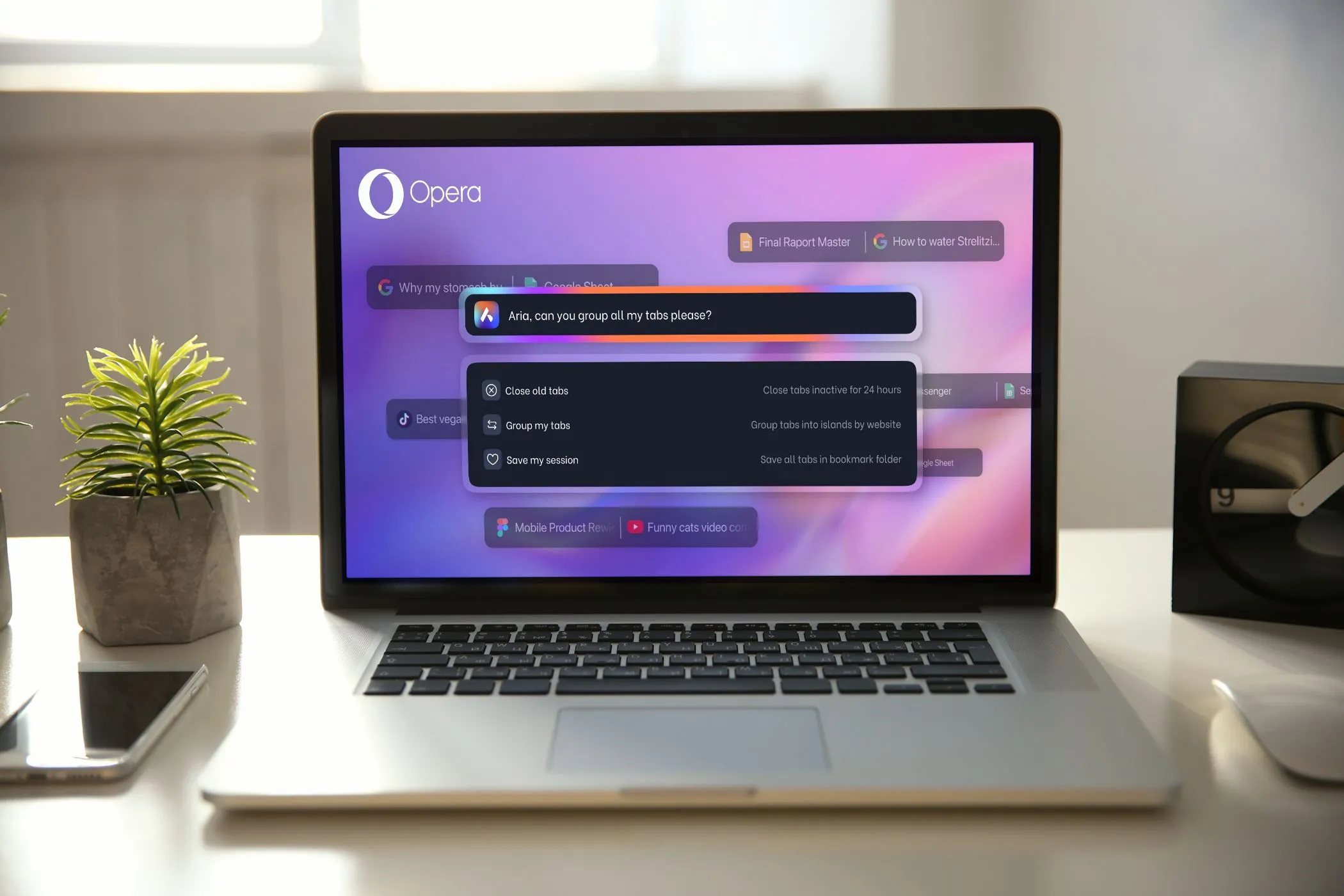 Ví dụ về lệnh AI Tab của Opera Aria trên màn hình laptop.