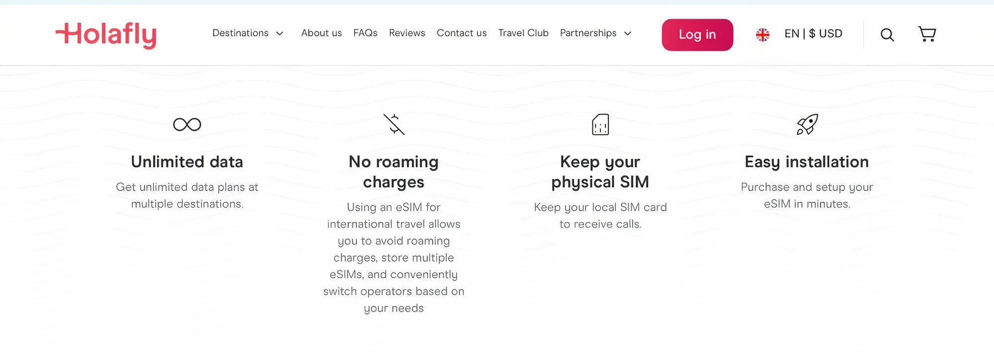 Website Holafly hiển thị các tùy chọn gói eSIM data không giới hạn cho chuyến đi.