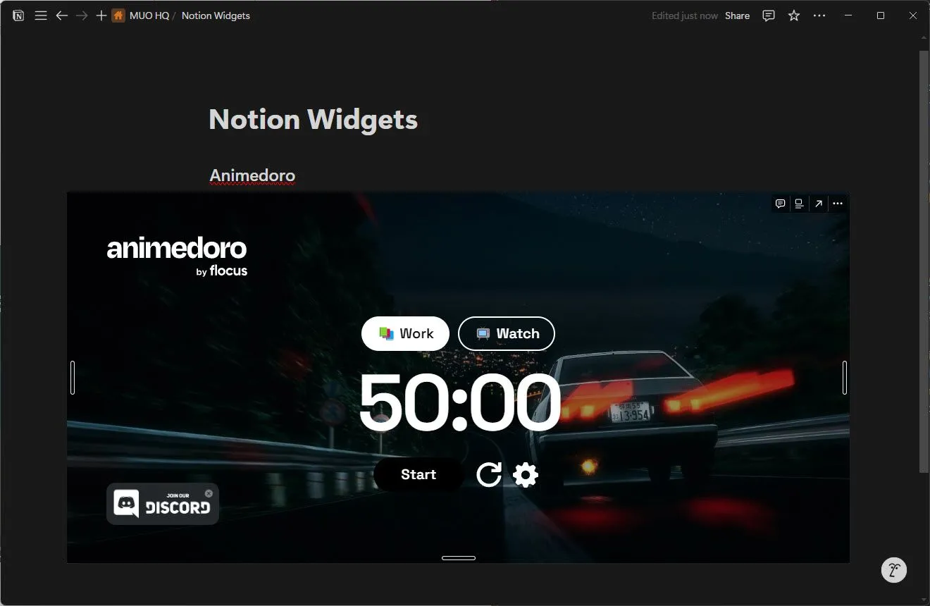 Widget Animedoro chủ đề anime tích hợp đồng hồ Pomodoro trên Notion